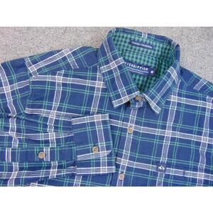 Fish Hippie Flannel Shirt Mens Med Blue Green Plaid Waterside